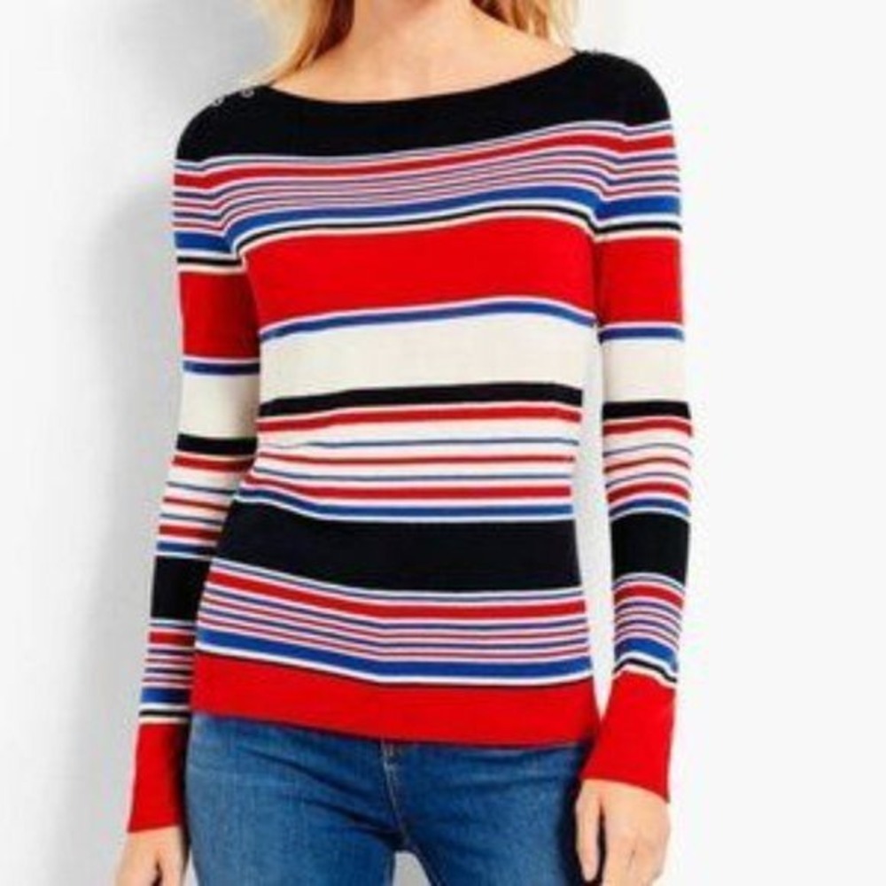 Talbots Lightweight Boat Neck Sweater Red White Blue Striped Nautical USA Sz XLP